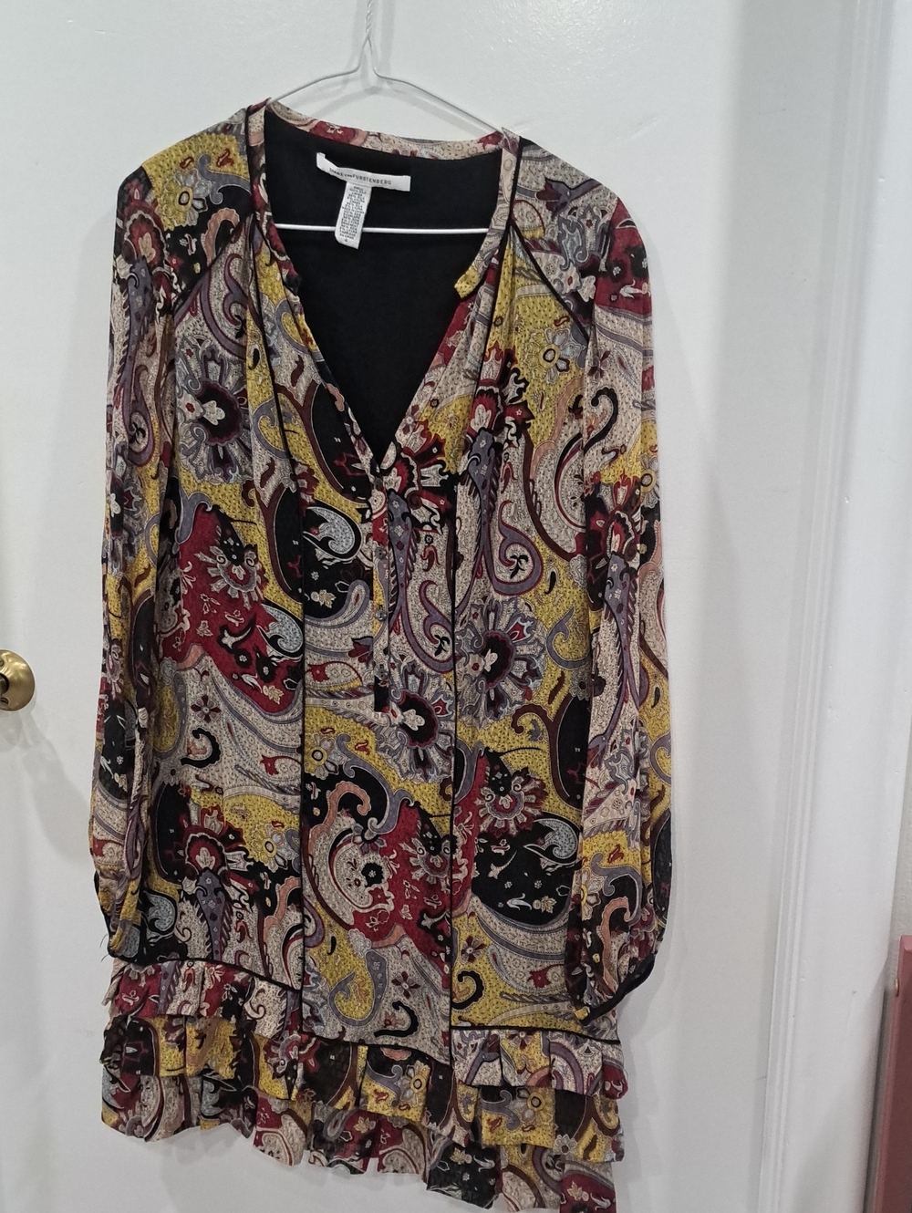 Diane Von Furstenberg Paisley Long Sleeve Mini Dress in Red, Yellow, Black